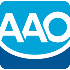 Logo with white letters "AAO" on a blue background and a white curved line beneath the letters, forming a stylized smile.