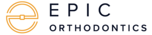 Logo for Epic Orthodontics with a stylized letter 'E' resembling braces. The text is elegant and modern against a dark background.