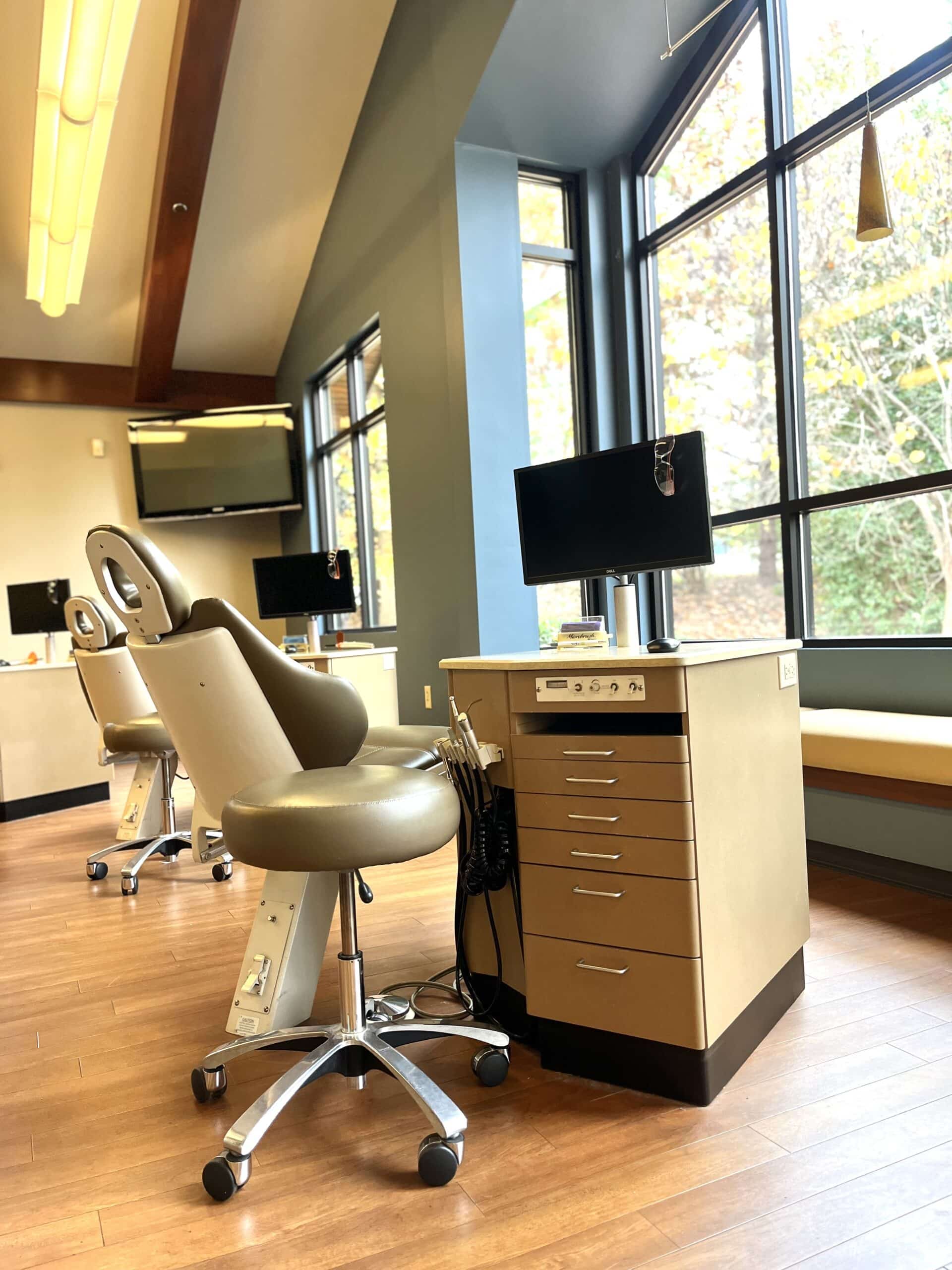 Dental office features modern chairs, computers, and large windows with a garden view. The interior has wood flooring and soft overhead lighting.