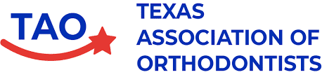 Logo of the Texas Association of Orthodontists featuring a red star and curved line, with blue text on a white background.